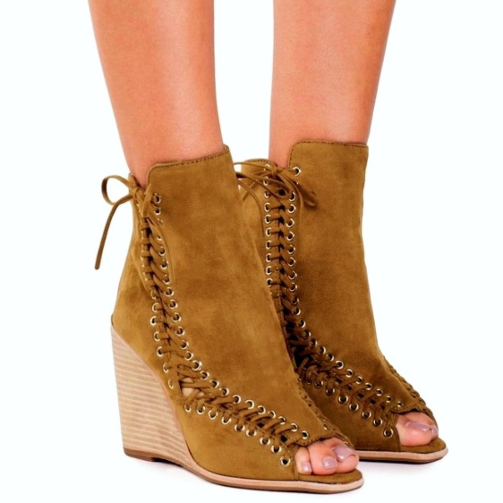 Jeffrey Campbell Batavia Wedge Boots Corset Cutouts Lace-Up Sandal Ankle Booties